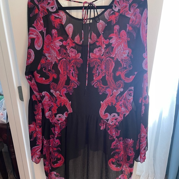 Free People Dress or Tunic Floral Pink Black Long Sleeves Size Large Open Back - Picture 5 of 6